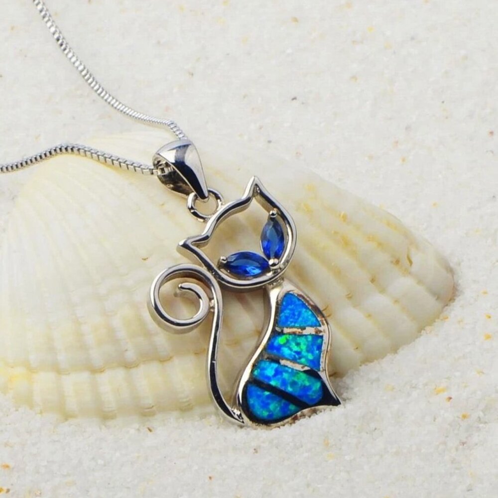 Hawaii Blue Fire Opal Sterling Silver Kitten Necklace - Picture 2 of 3